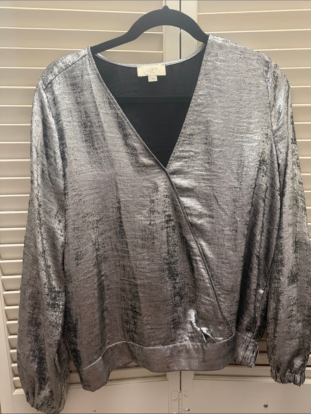 LOFT Silver Metallic Wrap-Style Blouse